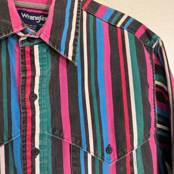 Wrangler Brushpopper Shirt Mens 16.5 X-Long Tails Stripe Button Western Vintage - Picture 7 of 11